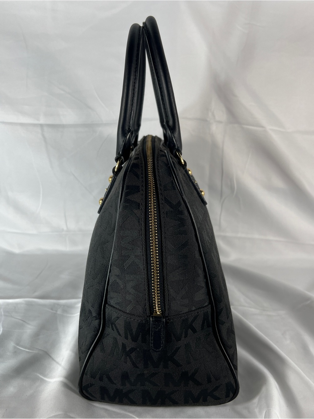 Michael Kors Black MK Signature Jacquard Satchel Bowler Bag Leather Trim Large - Picture 4 of 16